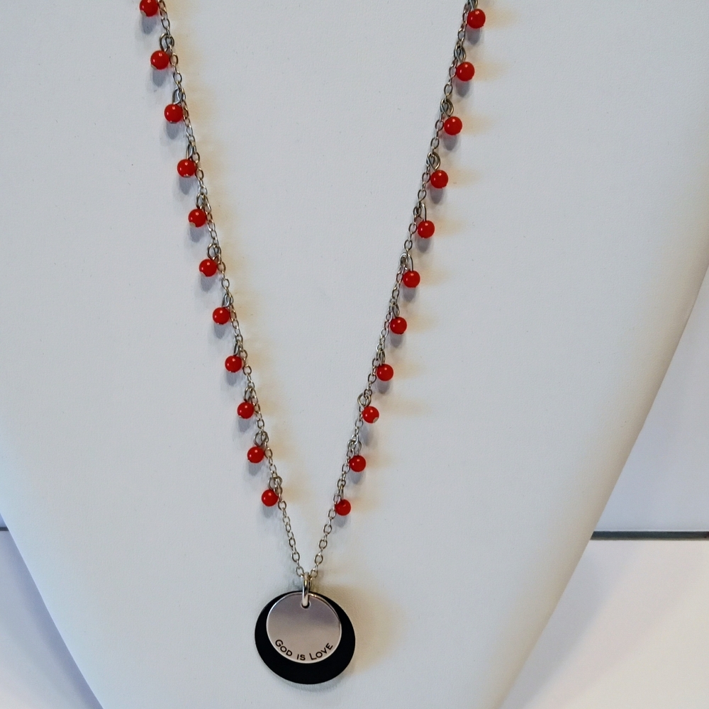 Stunning 22" L Silver Tone Red/Ruby Dangle Beads "God Is Love" Pendant Necklace